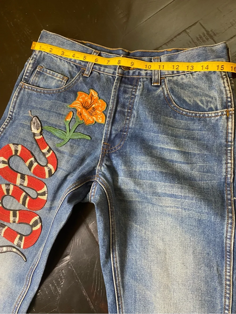 Gucci Blue Denim Skinny Jeans with Red Snake and Orange Flower Embroidery